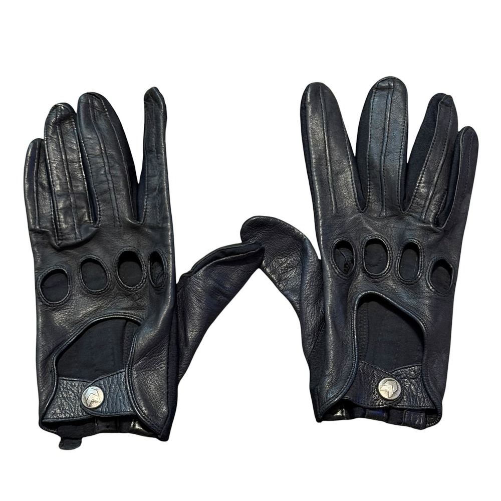 Vintage Isotoner by Aris Leather Driving Gloves Black Large Snap Closure Knuckle
